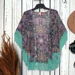 NEW The Bikini Lab Dark Floral Paisley Seafoam Fringe Boho Swim Cover OS